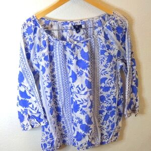 GAP Blue and White Floral Cotton Blouse Boho Farm 60's L
